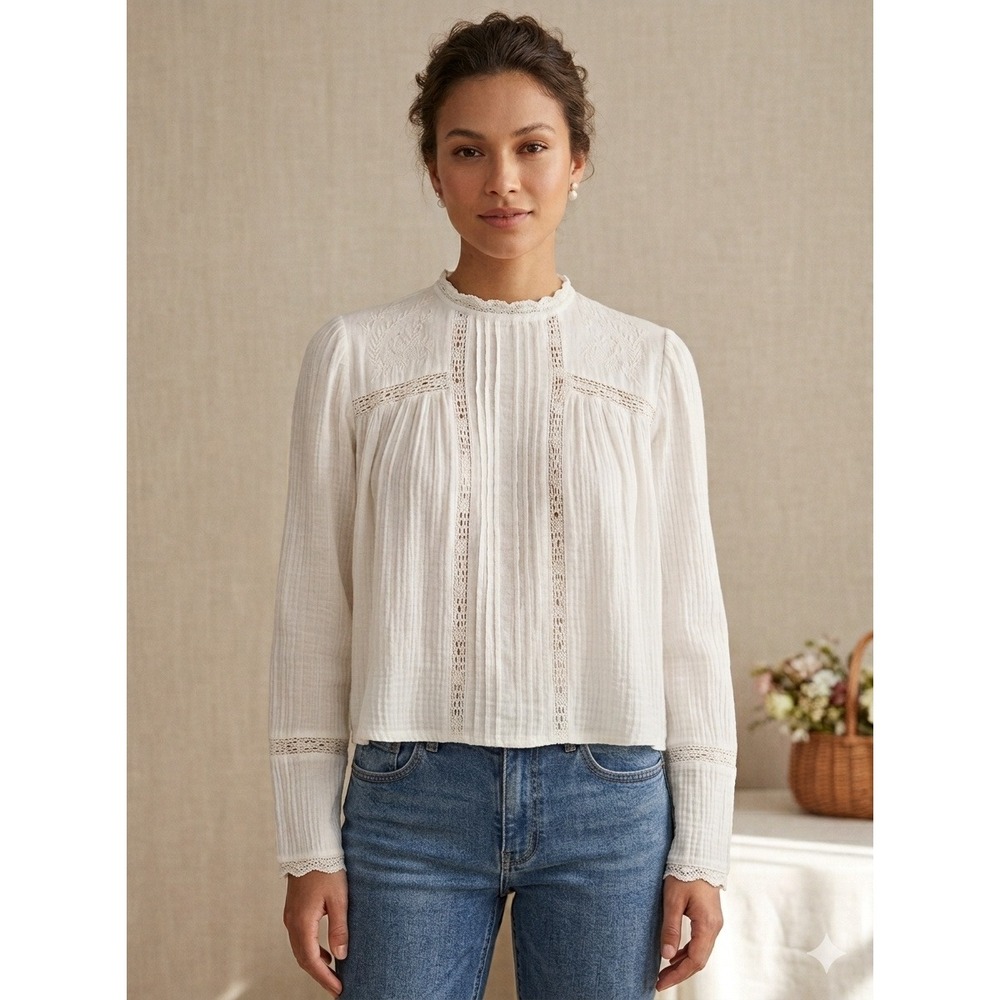Zara White Embroidered Sheer Crochet Peasant Top Size M Romantic Coquette